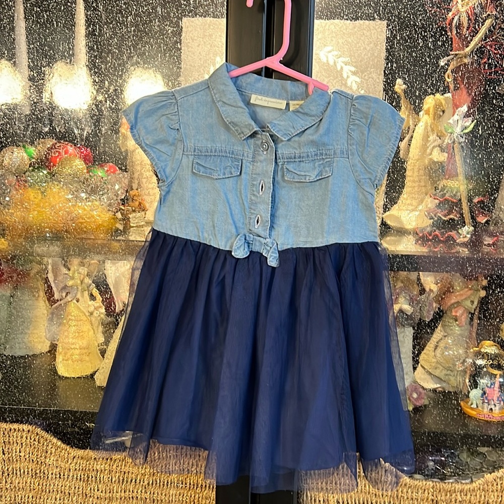 First Impressions 24m denim dress with navy tulle skirt